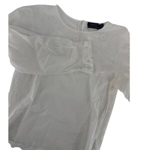 Polo Ralph Lauren Womens White Eyelet Embroidered Blouse Smocked Cuff Size 2‎